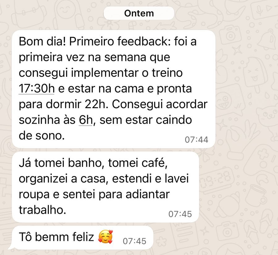 Mensagem de paciente sobre treino, sono e disposição