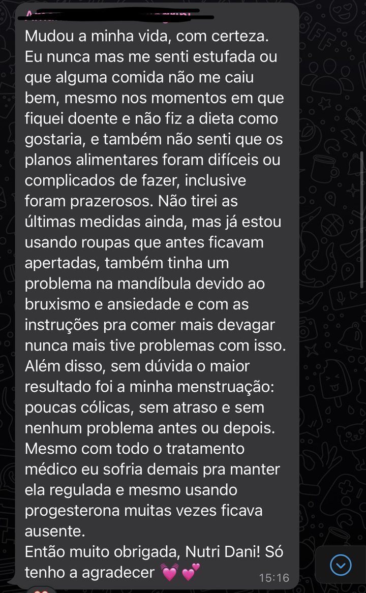 Mensagem de paciente sobre a mudança de vida